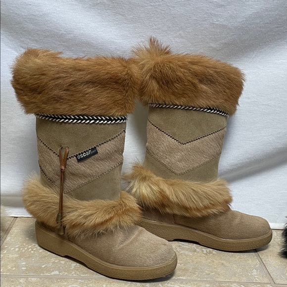 ITALY Leather suede Real fur Sherpa Tan mink Fur Trimmed Women Boots SKI WINTER - Picture 5 of 15